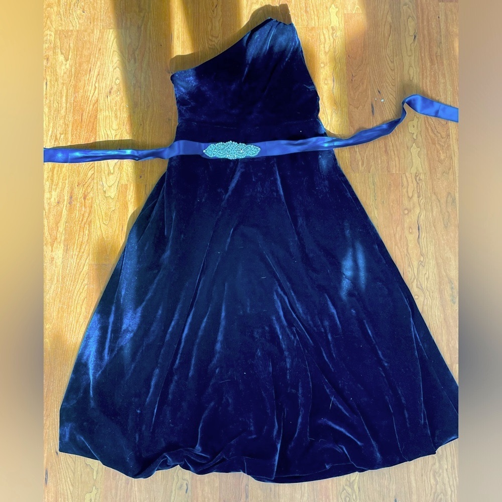 Blue velvet one shoulder, floor length dress.  Worn once and in great condition.